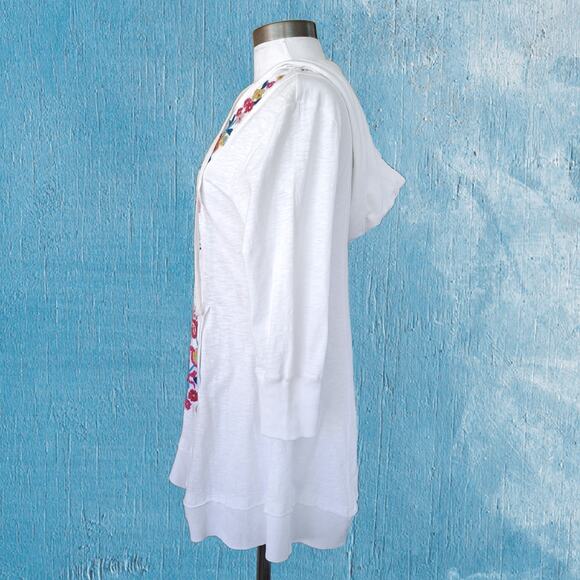 CAITE White Boho Floral Embroidered Zip Front Hoodie Jacket Medium 3/4 Sleeve - Picture 2 of 8